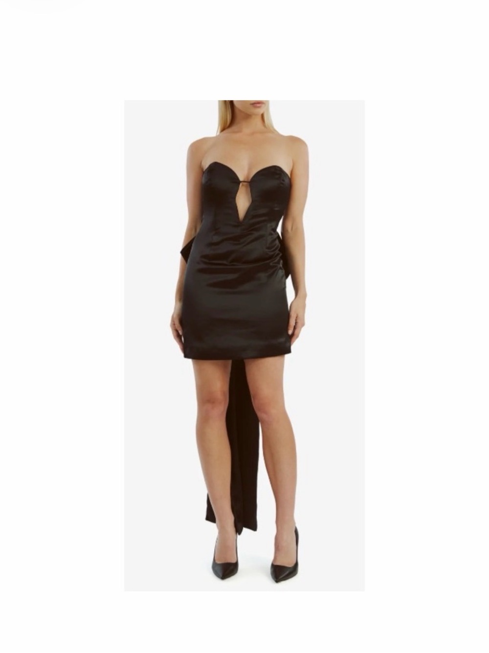 Bardot Black Strapless Satin Mini Dress with Back Drape